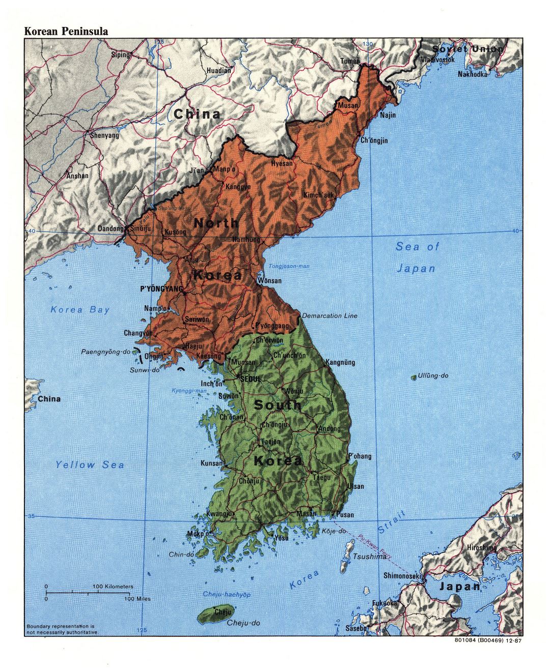 Большая детальная политическая карта Корейского полуострова с рельефом, дорогами, железными дорогами и крупными городами - 1987