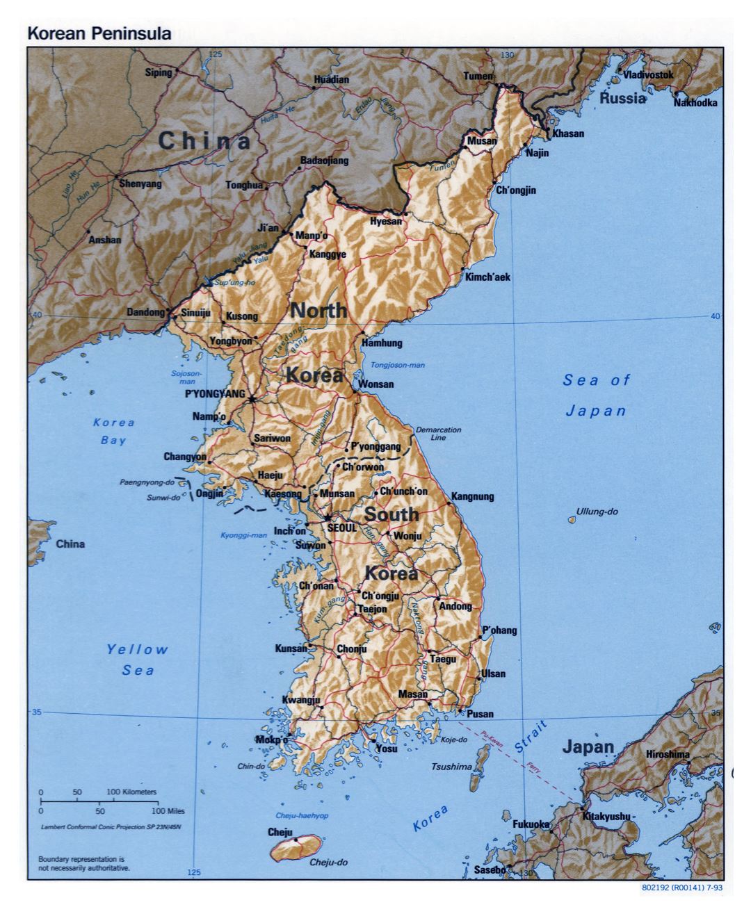 Большая детальная политическая карта Корейского полуострова с рельефом, дорогами, железными дорогами и крупными городами - 1993