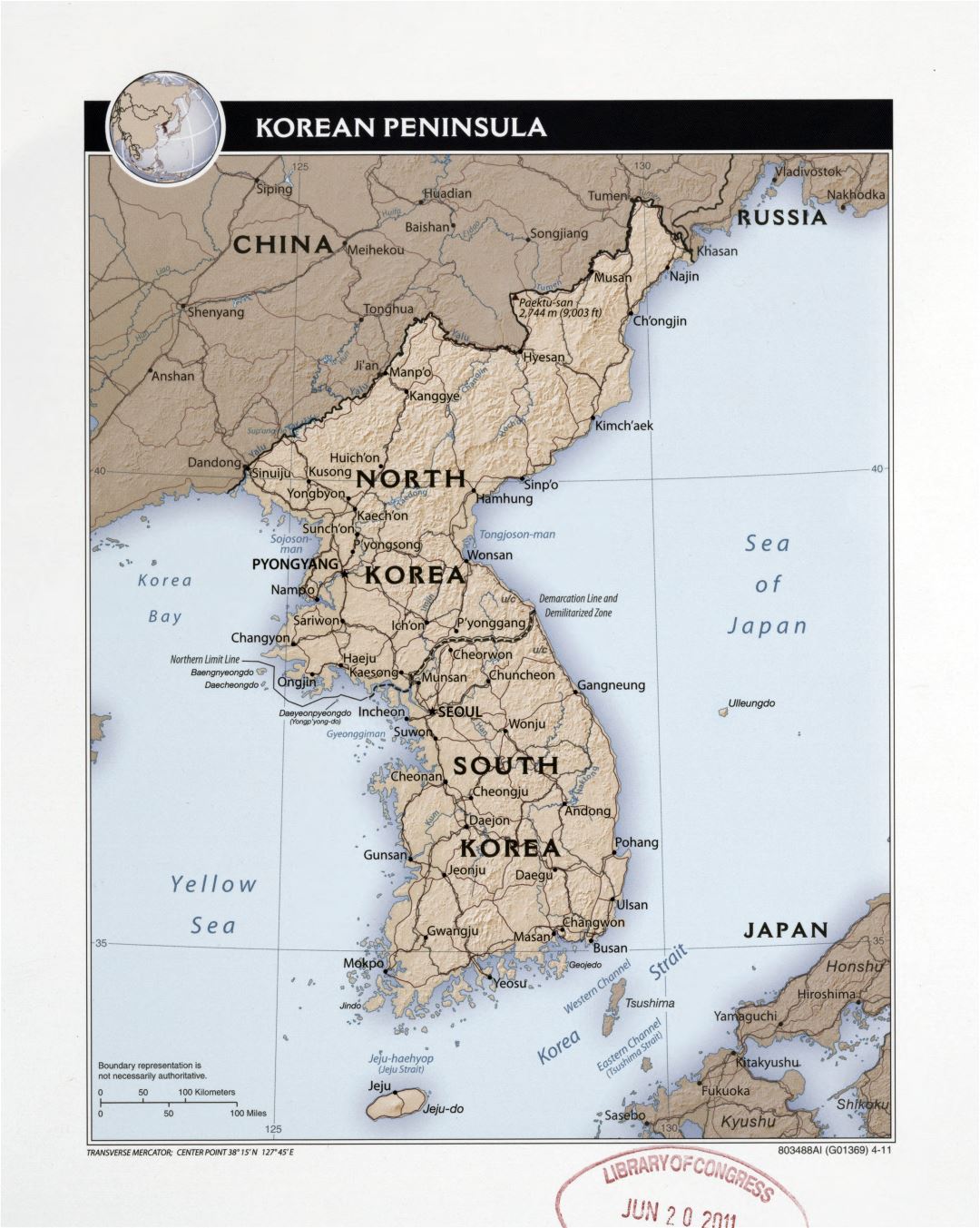 Большая детальная политическая карта Корейского полуострова с рельефом, дорогами, железными дорогами и крупными городами - 2011