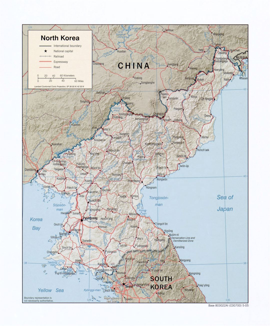 Большая детальная политическая карта Северной Кореи с рельефом, дорогами, железными дорогами и крупными городами - 2005