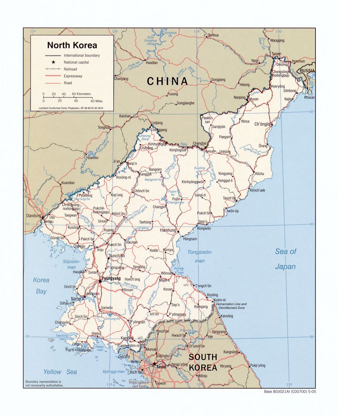 Большая детальная политическая карта Северной Кореи с дорогами, железными дорогами и крупными городами - 2005