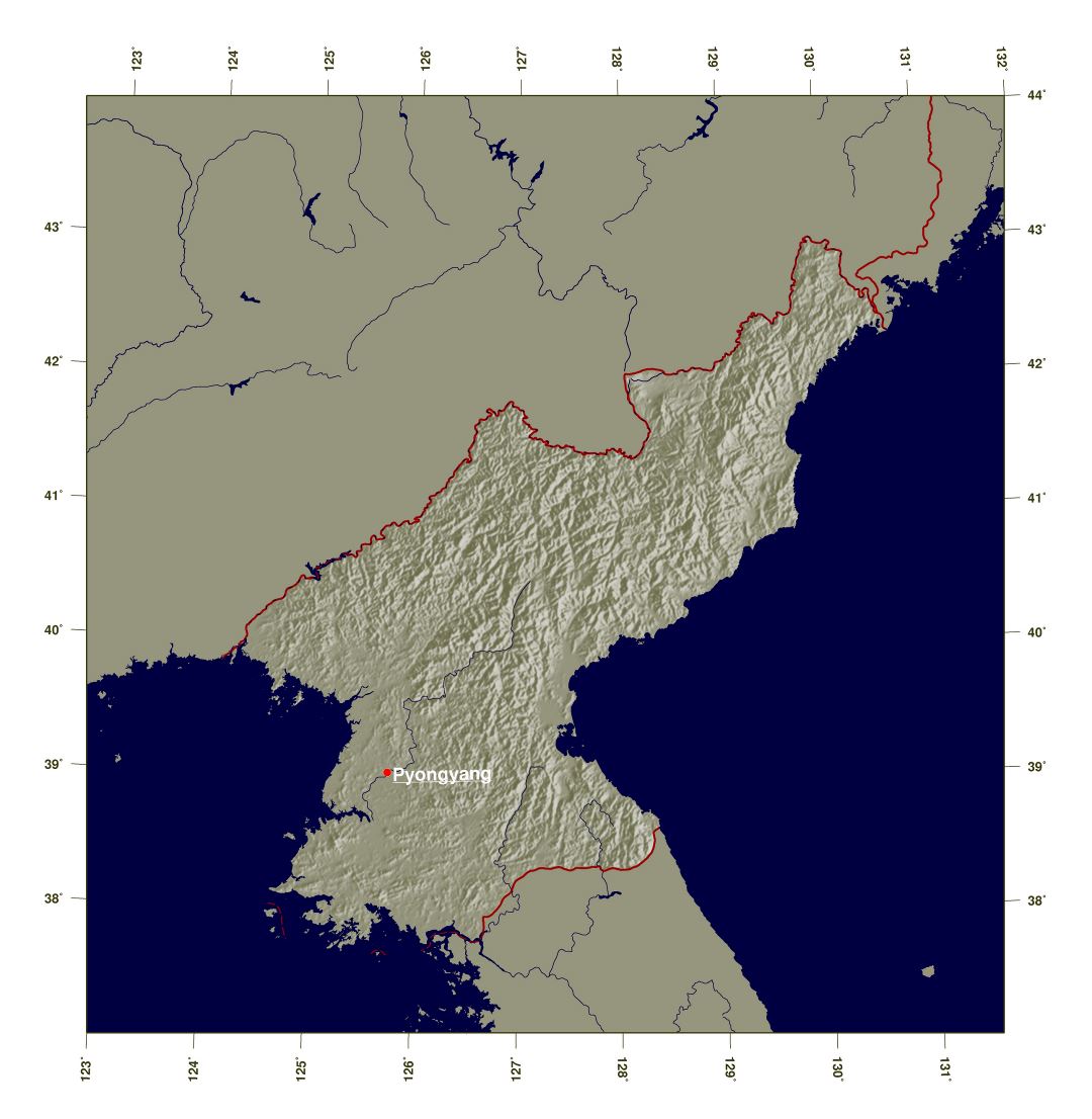 Большая детальная затененая карта рельефа Северной Кореи