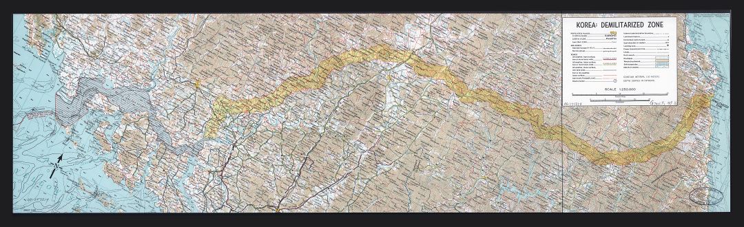 Большая детальная топографическая карта демилитаризованной зоны Кореи с дорогами, железными дорогами, городами, аэропортами и другими пометками - 1969