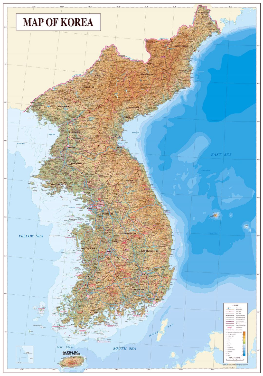 Большая детальная топография и геологическая карта Корейского полуострова