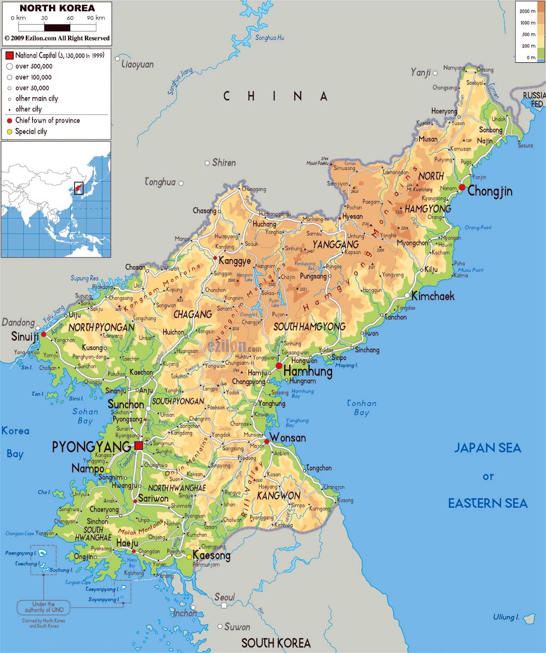 Большая физическая карта Северной Кореи с дорогами, городами и аэропортами