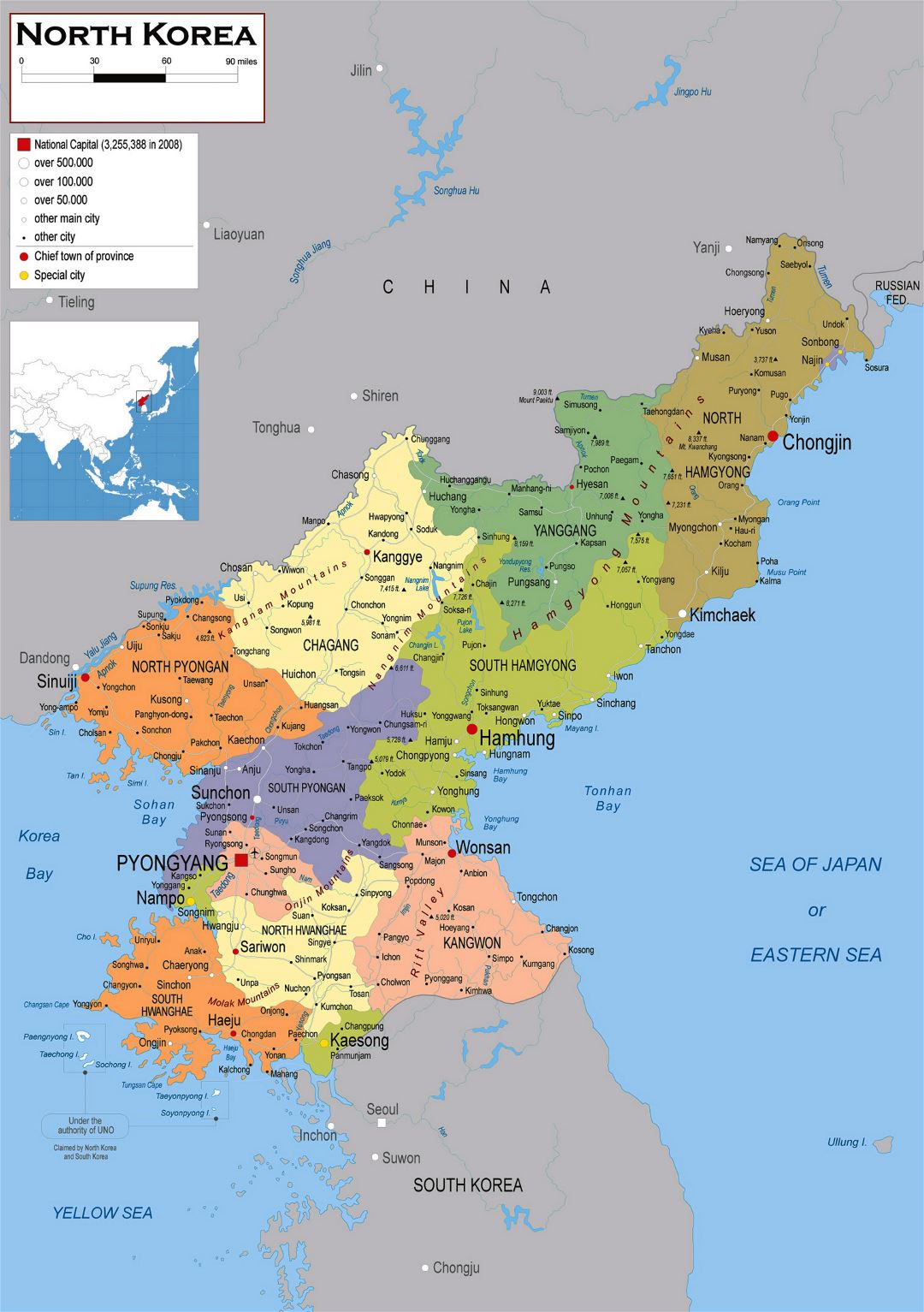 Большая политическая и административная карта Северной Кореи (КНДР) с дорогами, аэропортами и городами