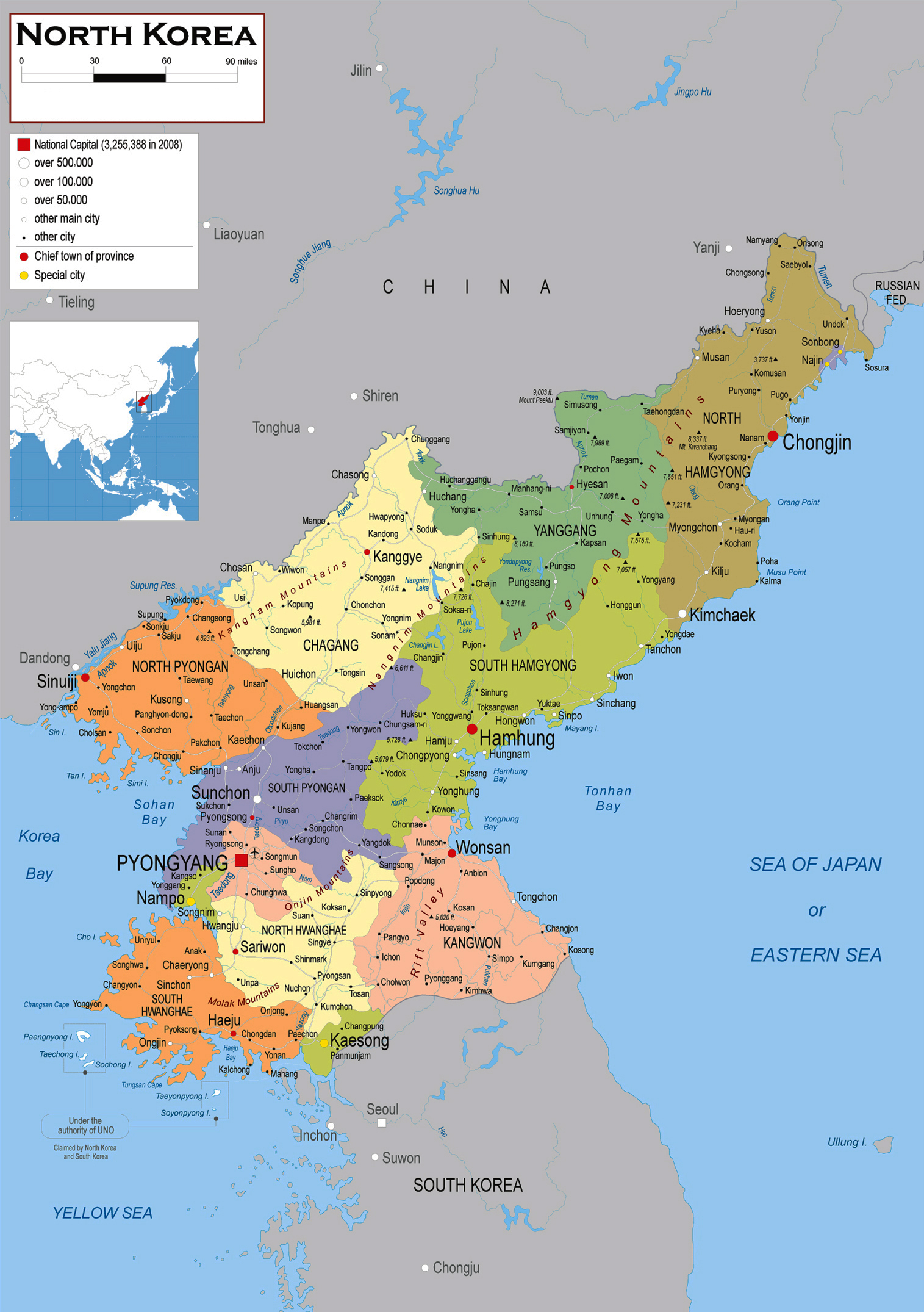 Большая политическая и административная карта Северной Кореи (КНДР) сдорогами, аэропортами и городами