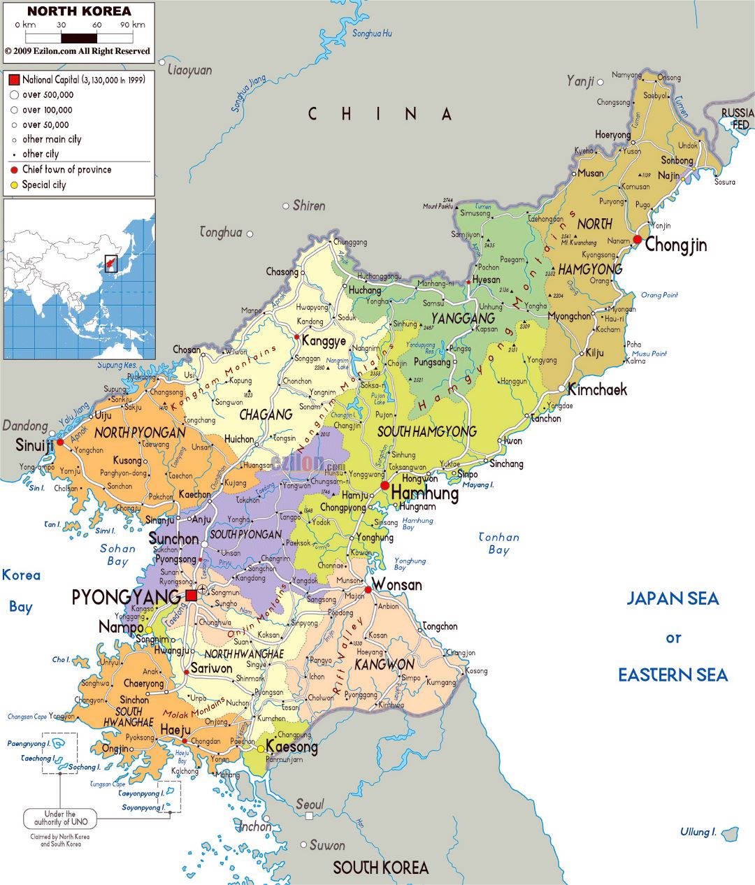 Большая политическая и административная карта Северной Кореи с дорогами, городами и аэропортами