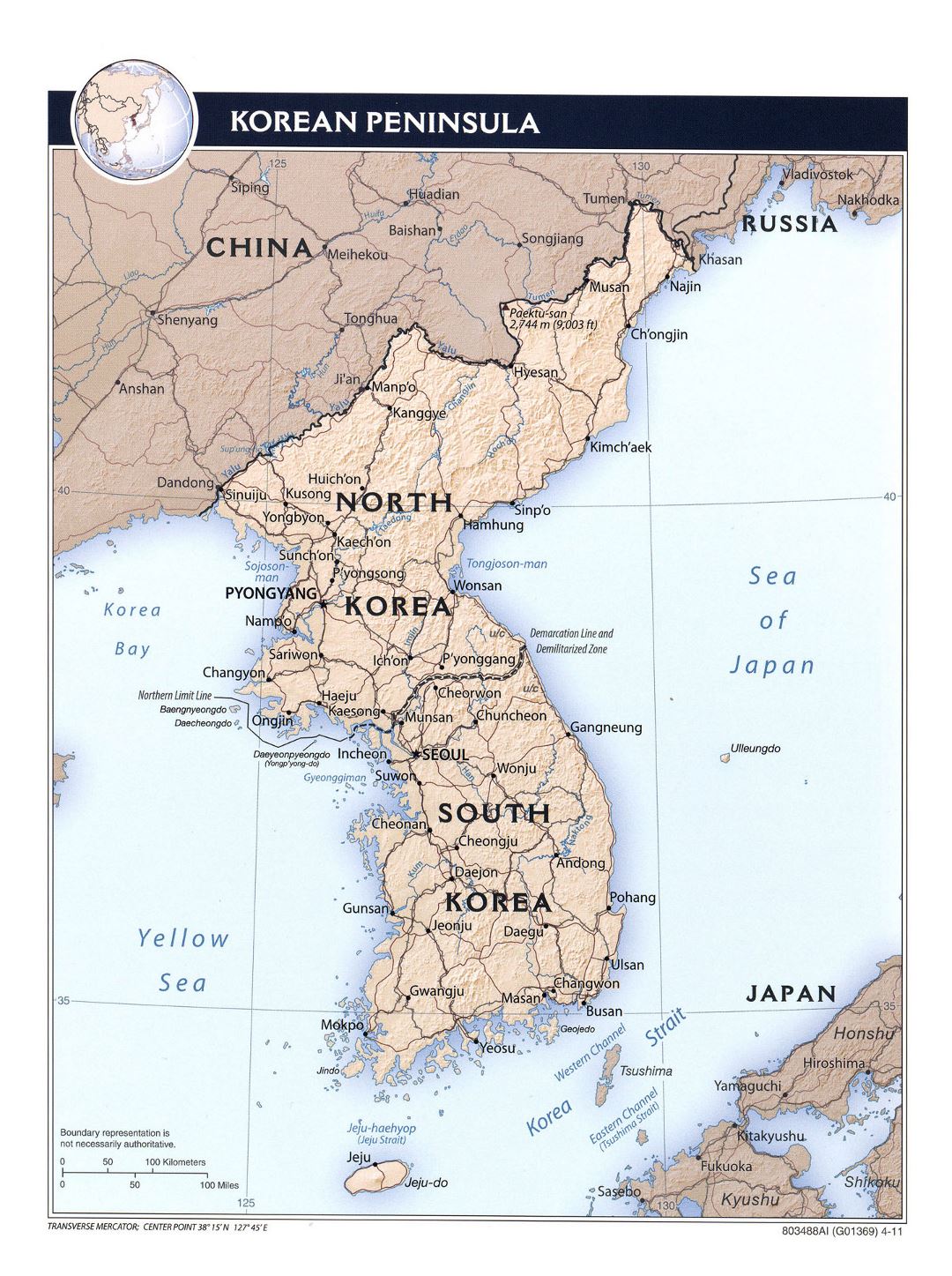 Большая политическая карта Корейского полуострова с рельефом, дорогами, железными дорогами и крупными городами - 2011