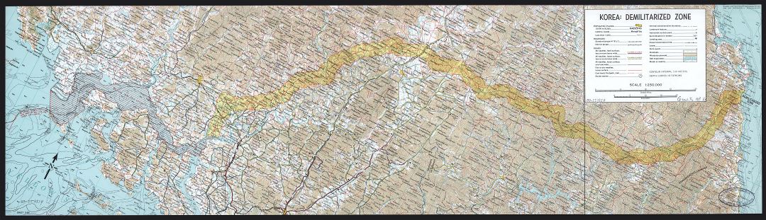Крупномасштабная детальная карта демилитаризованной зоны Кореи с рельефом, дорогами, железными дорогами, городами, аэропортами и другими пометками - 1969