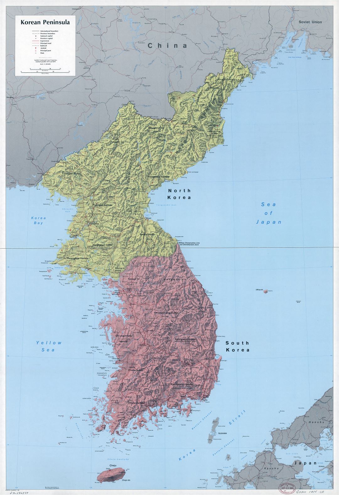 Крупномасштабная детальная политическая и административная карта Корейского полуострова с рельефом, дорогами, железными дорогами, городами, портами, аэропортами и другими пометками - 1986