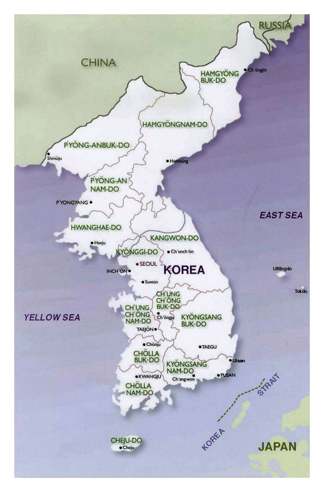 Политическая и административная карта Корейского полуострова - 2001