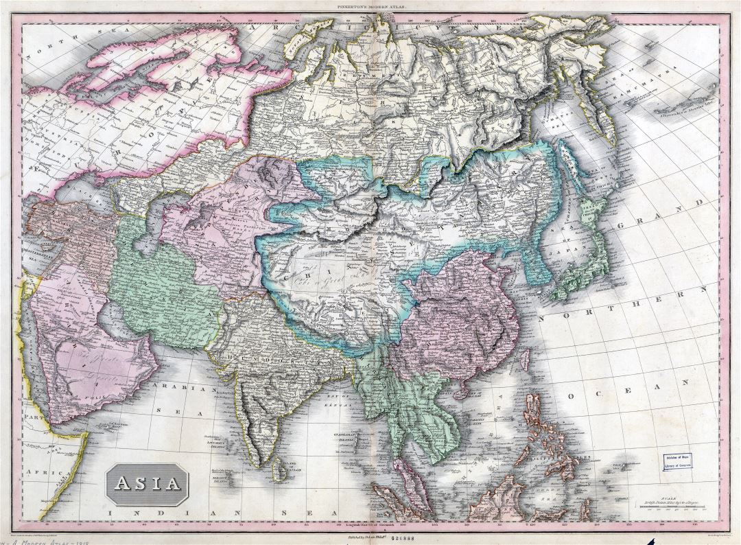 В высоком разрешении подробная старая политическая карта Азии с рельефом - 1818