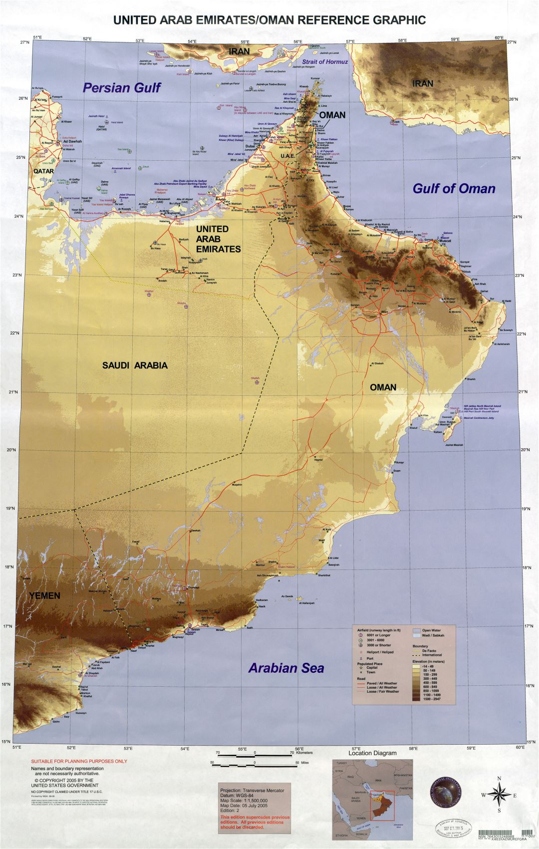 Большая детальная карта высот Объединенных Арабских Эмиратов и Омана с дорогами, всеми городами, аэропортами, вертолетными площадками, портами и другими пометками - 2005