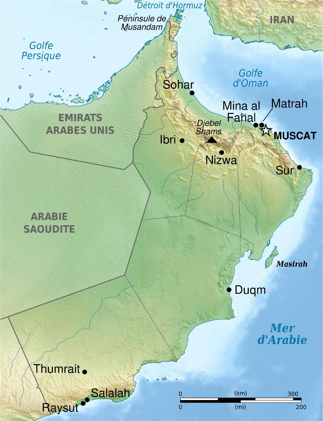 Большая детальная карта рельефа Омана с административными делениями и крупными городами