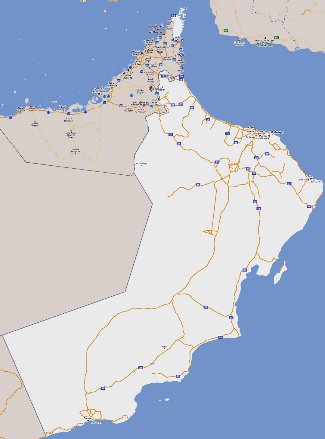 Большая карта дорог Омана с городами