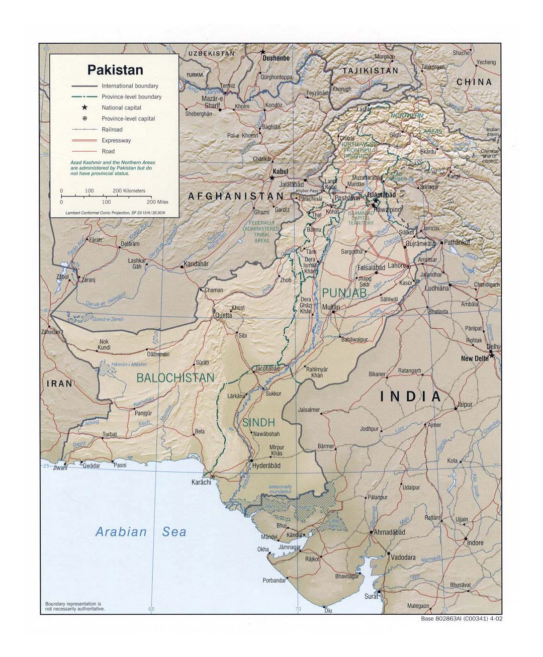 Детальная политическая и административная карта Пакистана с рельефом, дорогами, железными дорогами и крупными городами - 2002