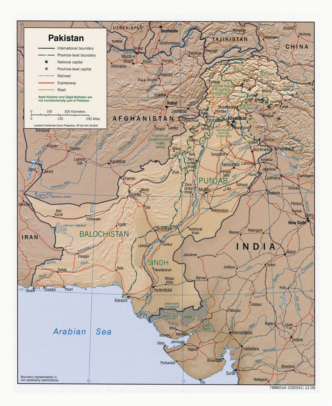 Детальная политическая и административная карта Пакистана с рельефом, дорогами, железными дорогами и крупными городами - 2009
