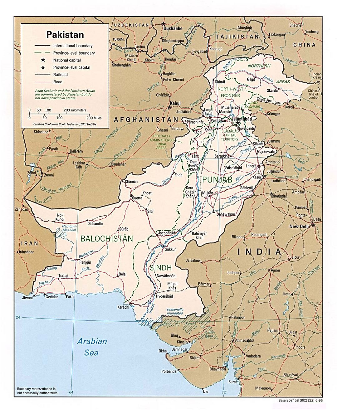 Детальная политическая и административная карта Пакистана с дорогами, железными дорогами и крупными городами - 1996