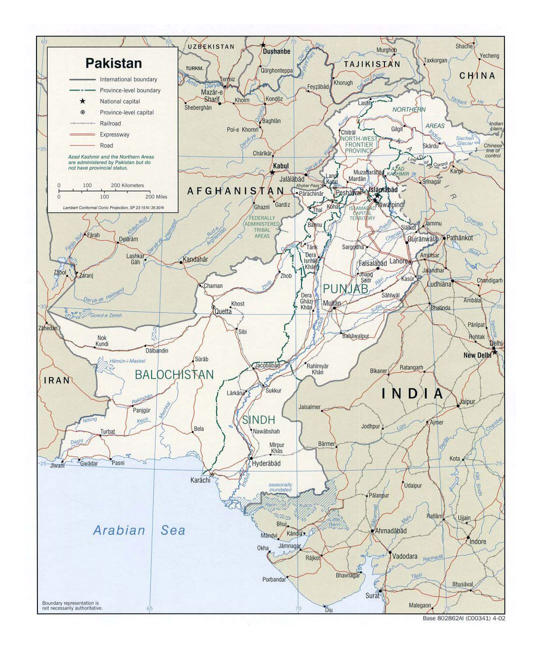 Детальная политическая и административная карта Пакистана с дорогами, железными дорогами и крупными городами - 2002