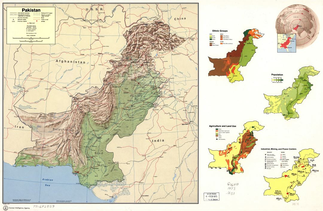 Большая детальная профильная карта страны Пакистана - 1973
