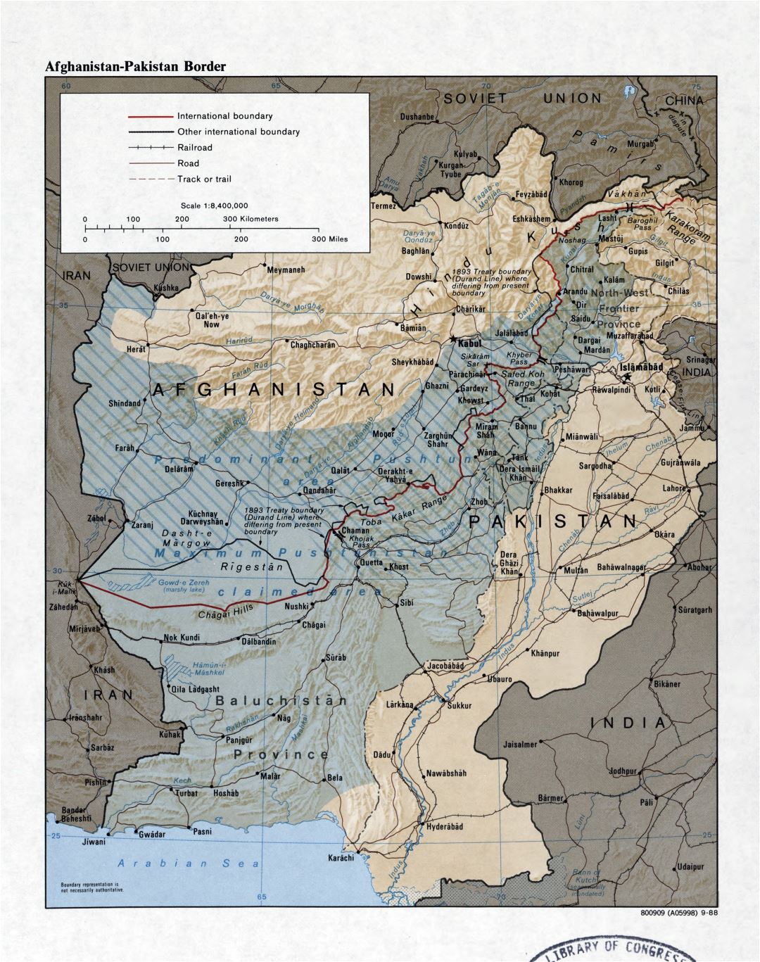 Большая детальная карта Афгано-Пакистанской границы с рельефом, дорогами, железными дорогами и городами - 1988