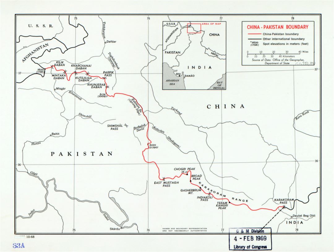Большая детальная карта границы Китая и Пакистана - 1968