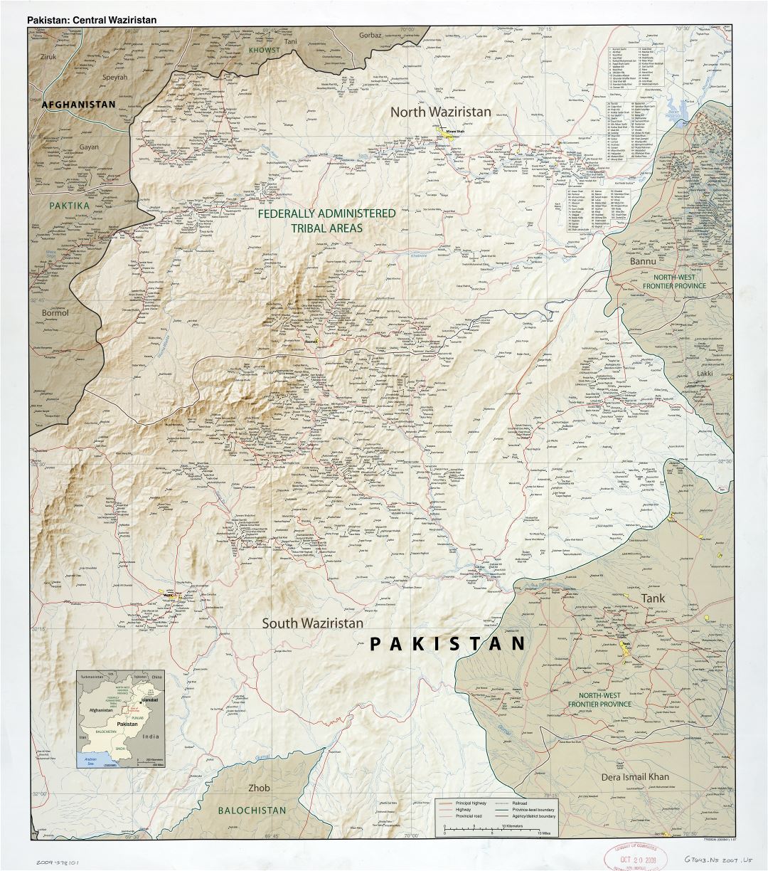 Большая детальная карта Пакистана (Центральный Вазиристан) с рельефом, дорогами, железными дорогами, всеми городами и деревнями - 2007