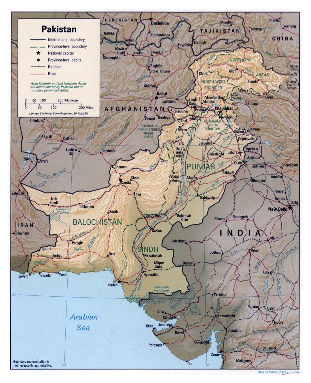 Большая детальная политическая и административная карта Пакистана с рельефом, дорогами, железными дорогами и крупными городами - 1996