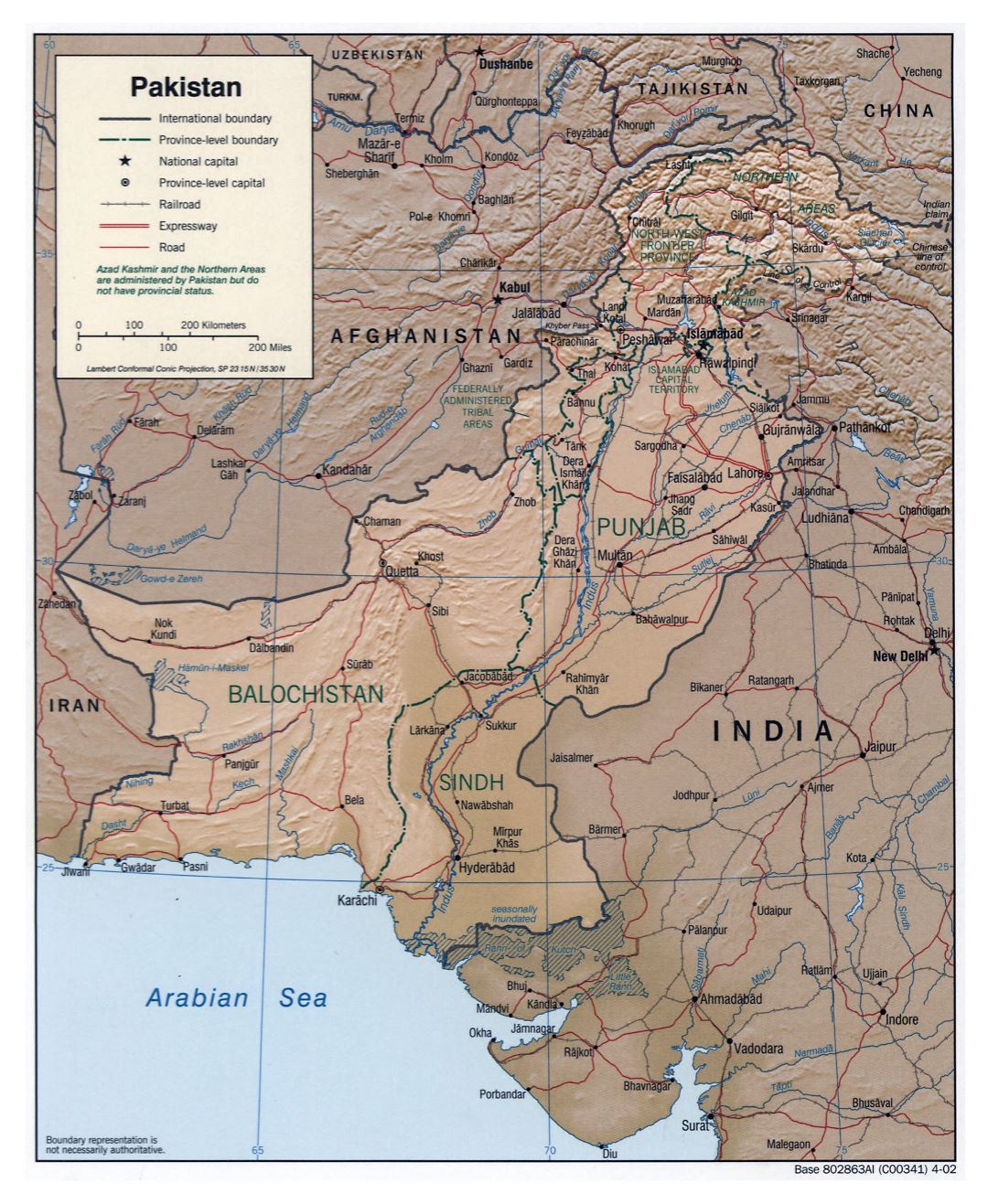 Большая детальная политическая и административная карта Пакистана с рельефом, дорогами, железными дорогами и крупными городами - 2002