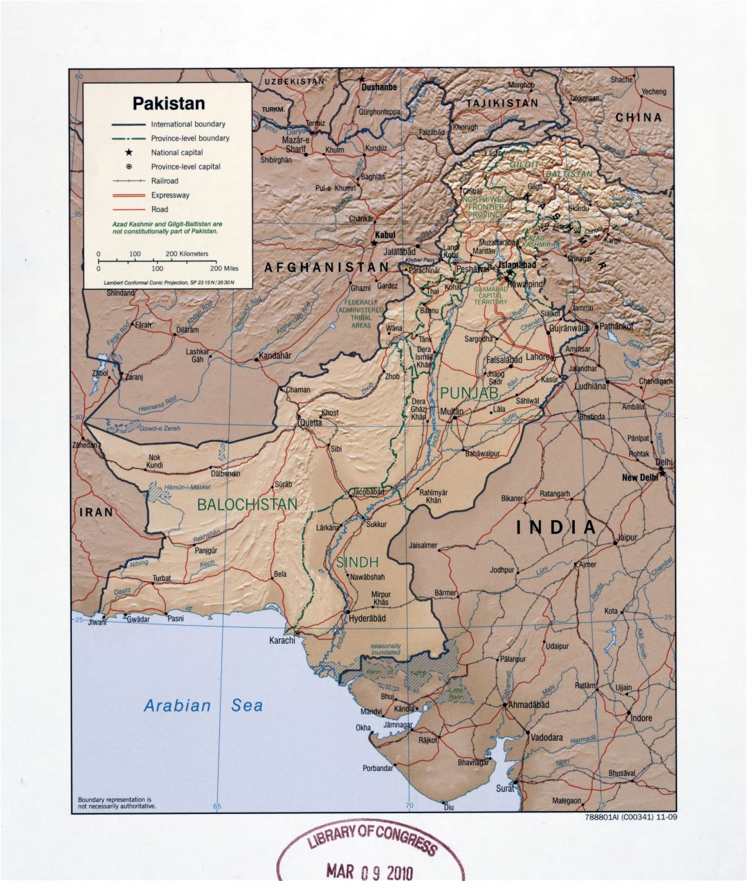 Большая детальная политическая и административная карта Пакистана с рельефом, дорогами, железными дорогами и крупными городами - 2009