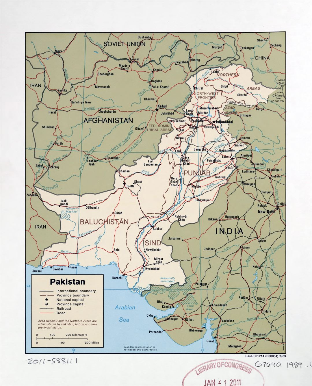 Большая детальная политическая и административная карта Пакистана с дорогами, железными дорогами и крупными городами - 1989
