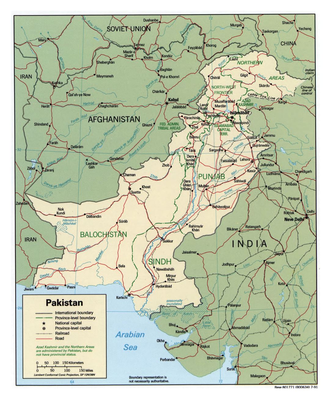Большая детальная политическая и административная карта Пакистана с дорогами, железными дорогами и крупными городами - 1991