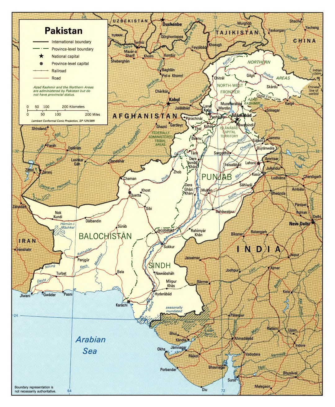 Большая детальная политическая и административная карта Пакистана с дорогами, железными дорогами и крупными городами - 1996