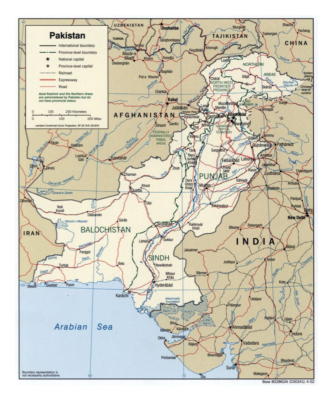 Большая детальная политическая и административная карта Пакистана с дорогами, железными дорогами и крупными городами - 2002
