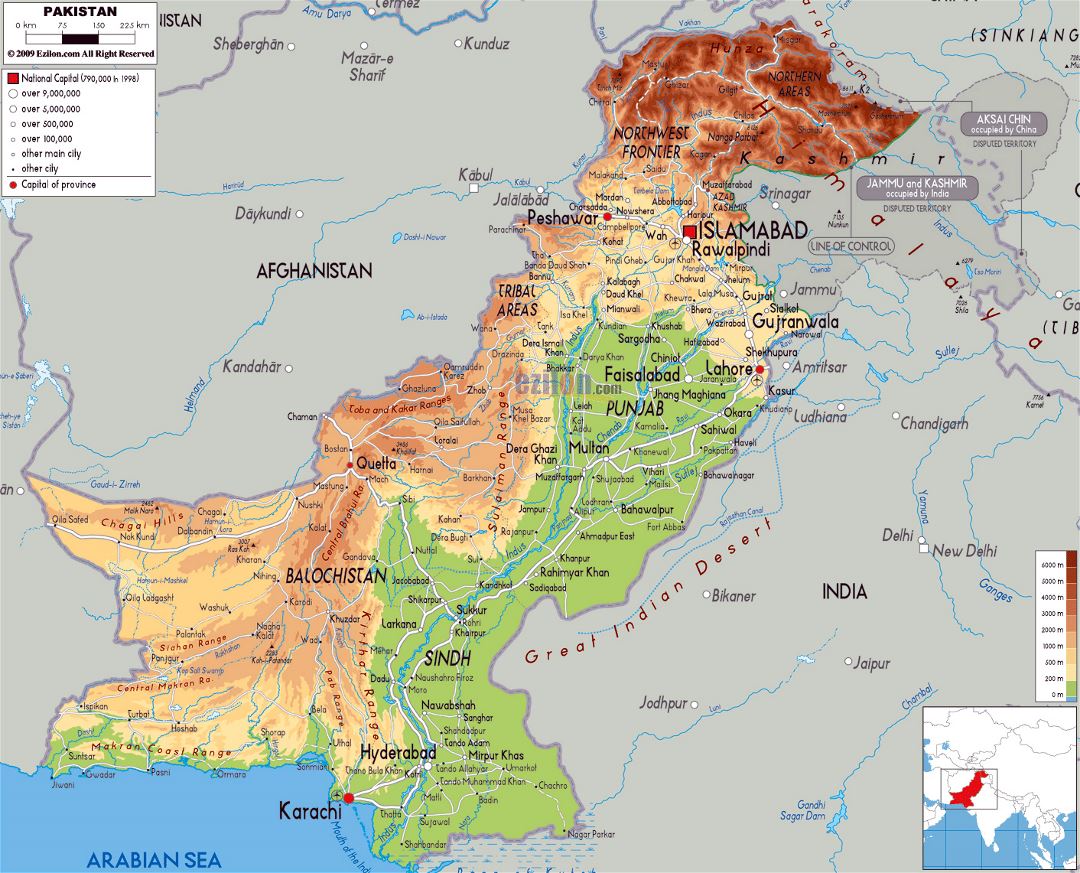Большая физическая карта Пакистана с дорогами, городами и аэропортами