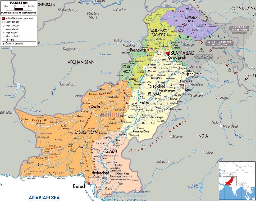Большая политическая и административная карта Пакистана с дорогами, городами и аэропортами