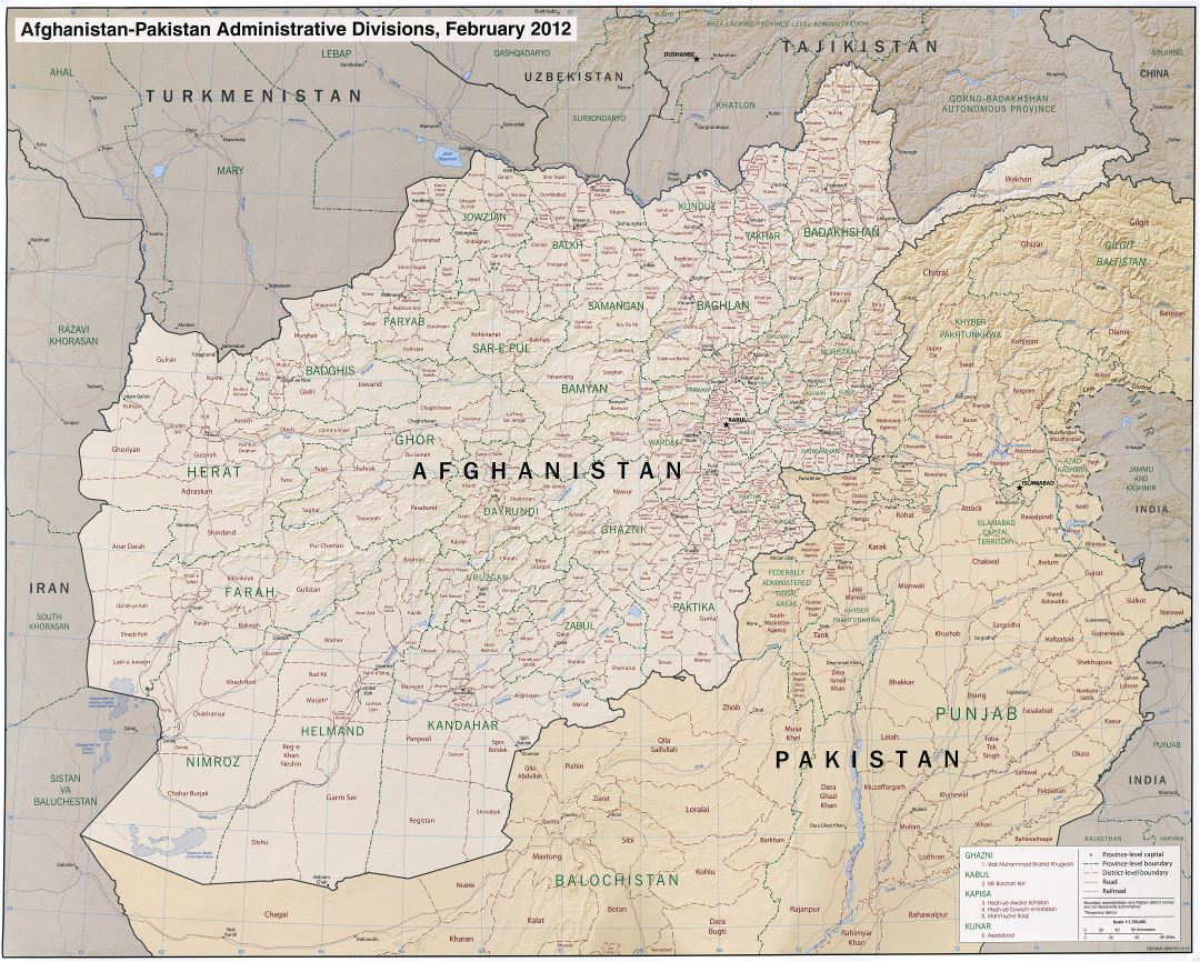 Крупномасштабная карта административных делений Афганистана и Пакистана с рельефом, дорогами, железными дорогами и крупными городами - 2012