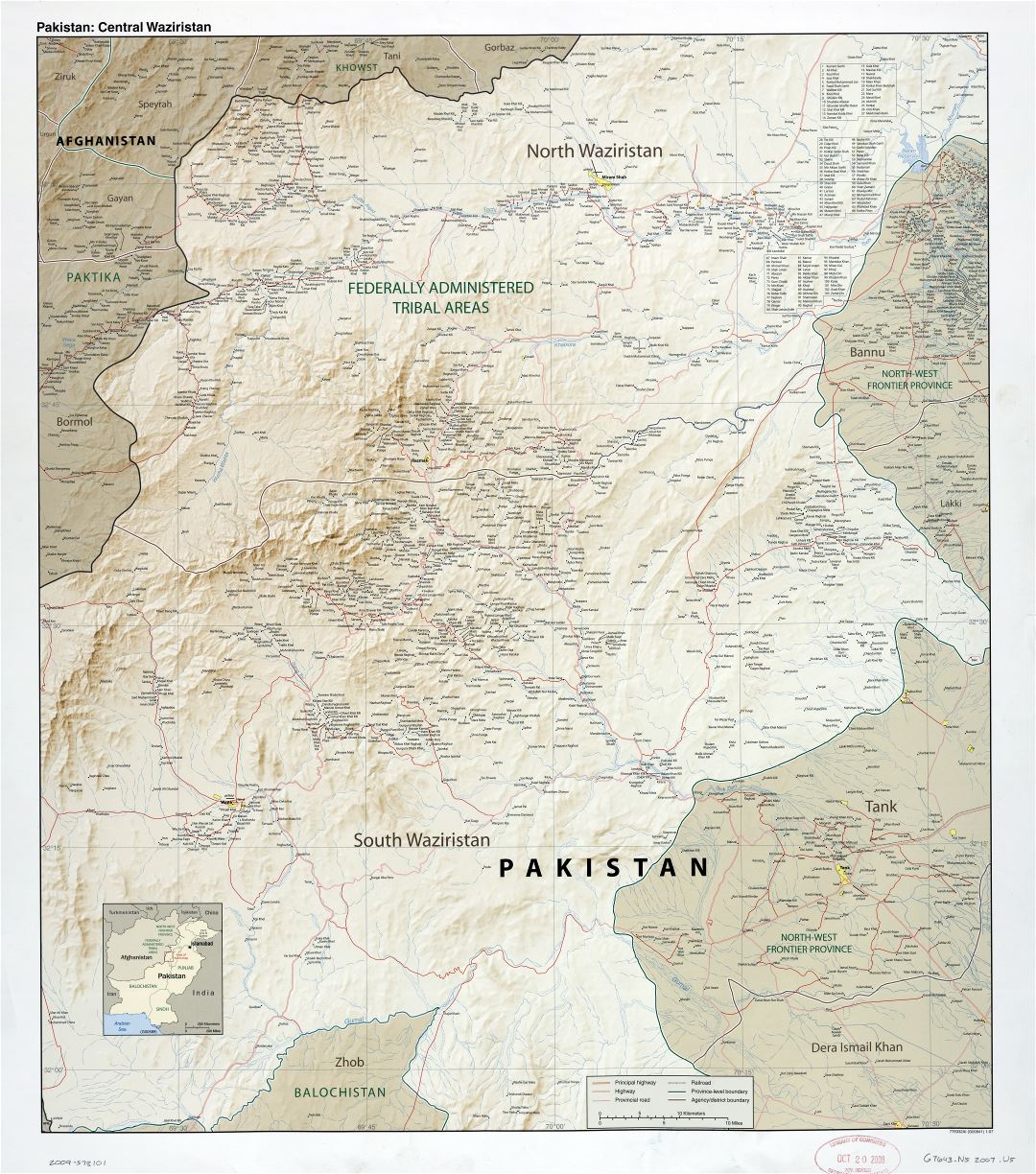Крупномасштабная детальная карта Пакистана (Центральный Вазиристан) с рельефом, дорогами, железными дорогами, всеми городами и деревнями - 2007
