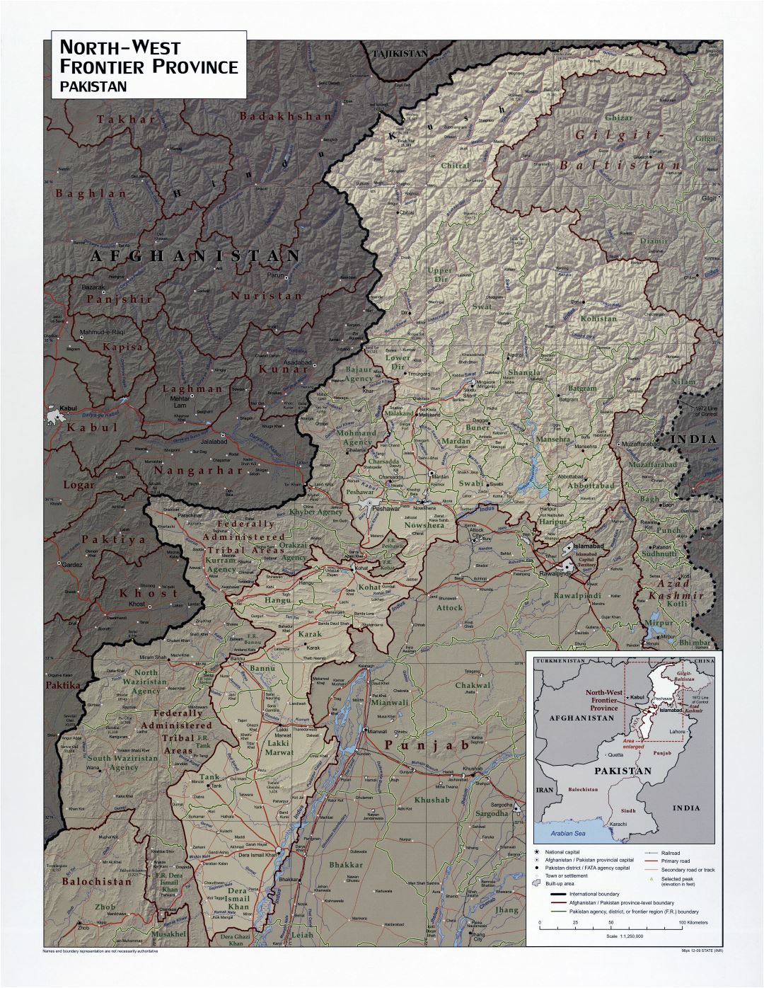 Крупномасштабная детальная северо-западная пограничная провинция Пакистана с рельефом, дорогами, железными дорогами и городами - 2009
