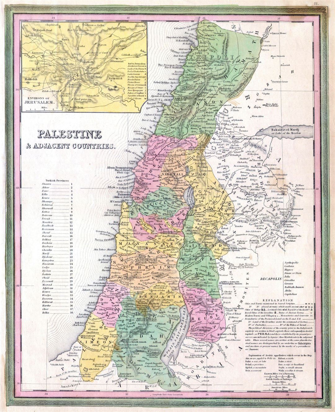 Большая детальная старая карта Палестины и соседних стран - 1836