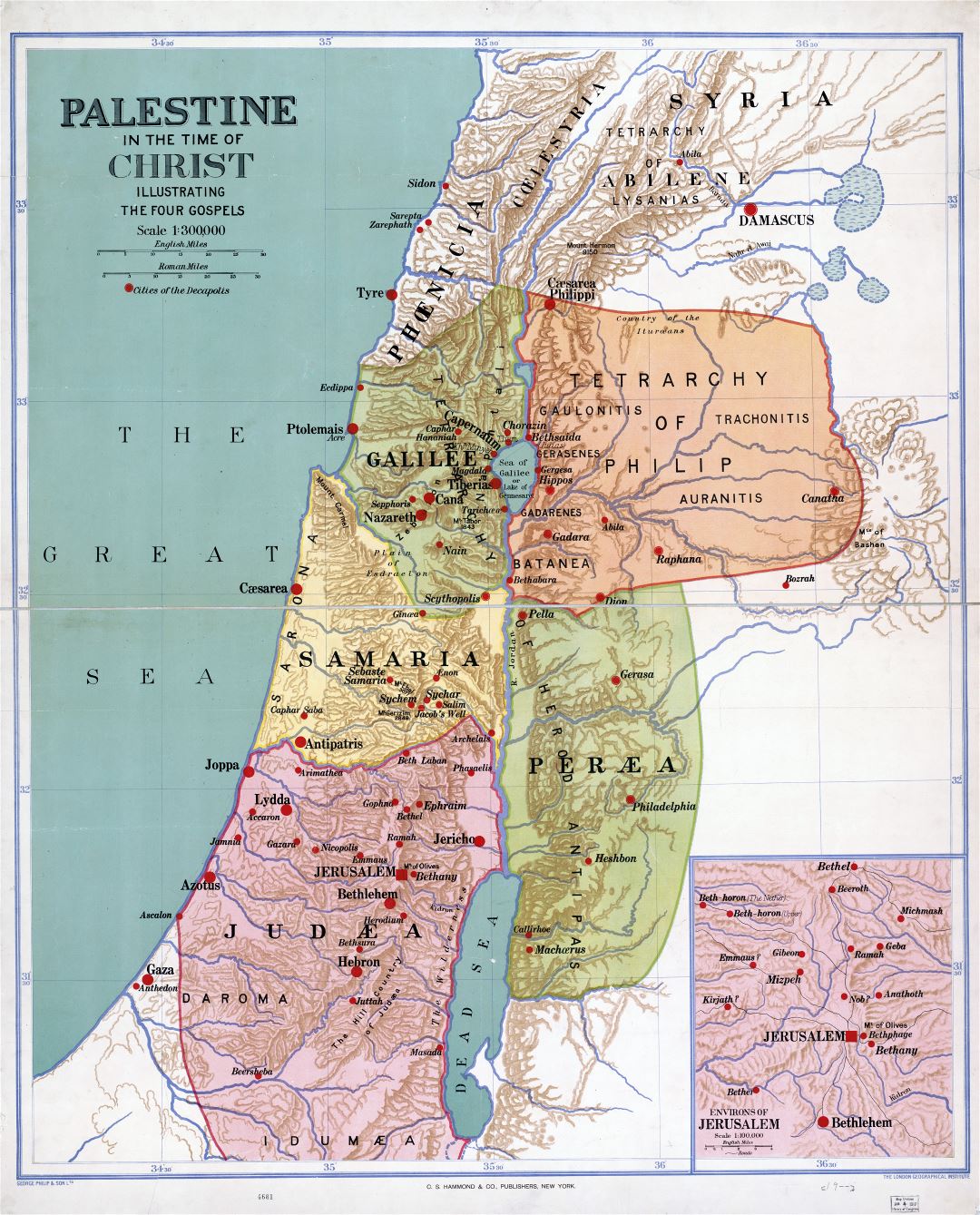 Большая детальная старая карта Палестины во времена Христа - 1916