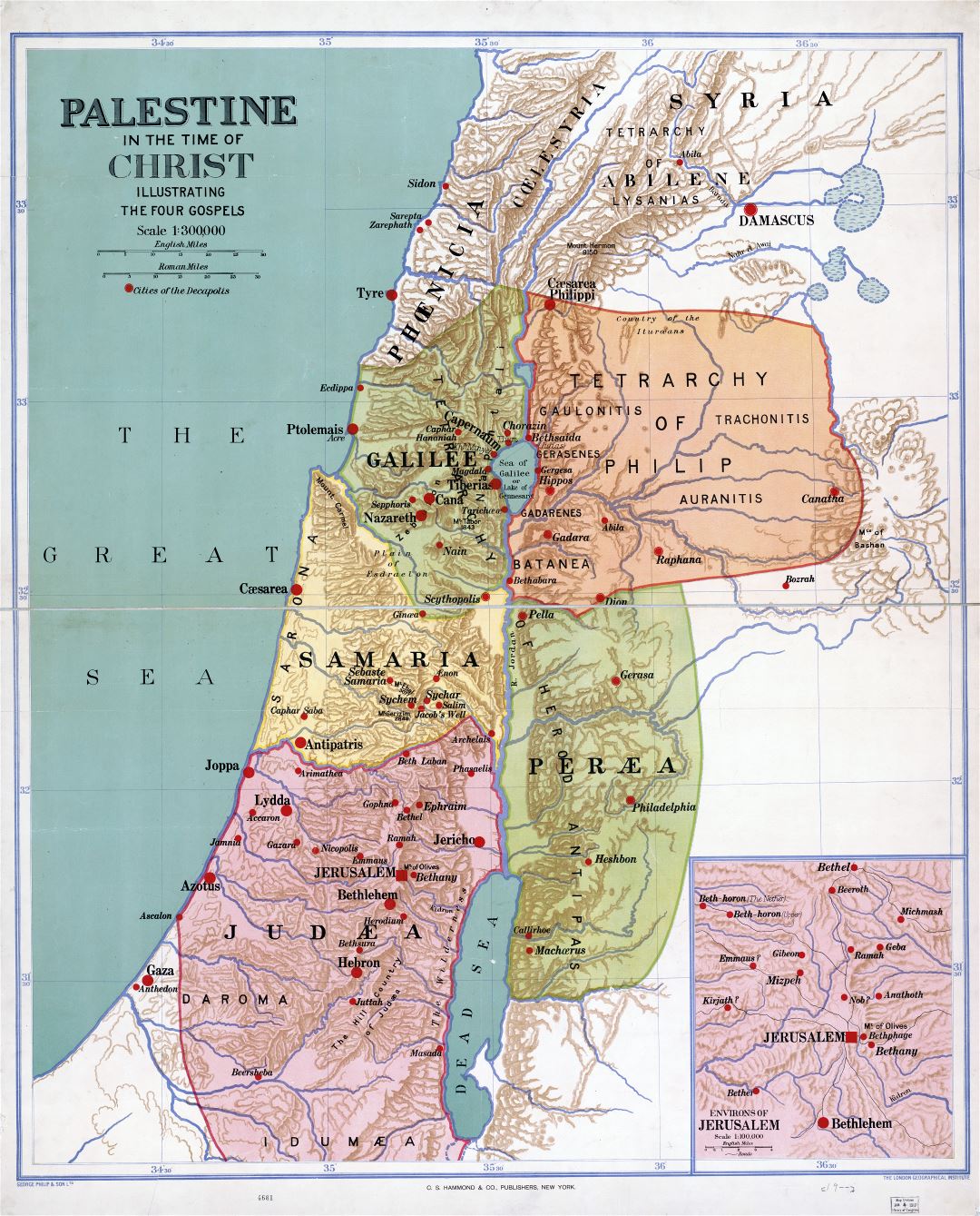 Крупномасштабная детальная старая карта Палестины во времена Христа - 1916