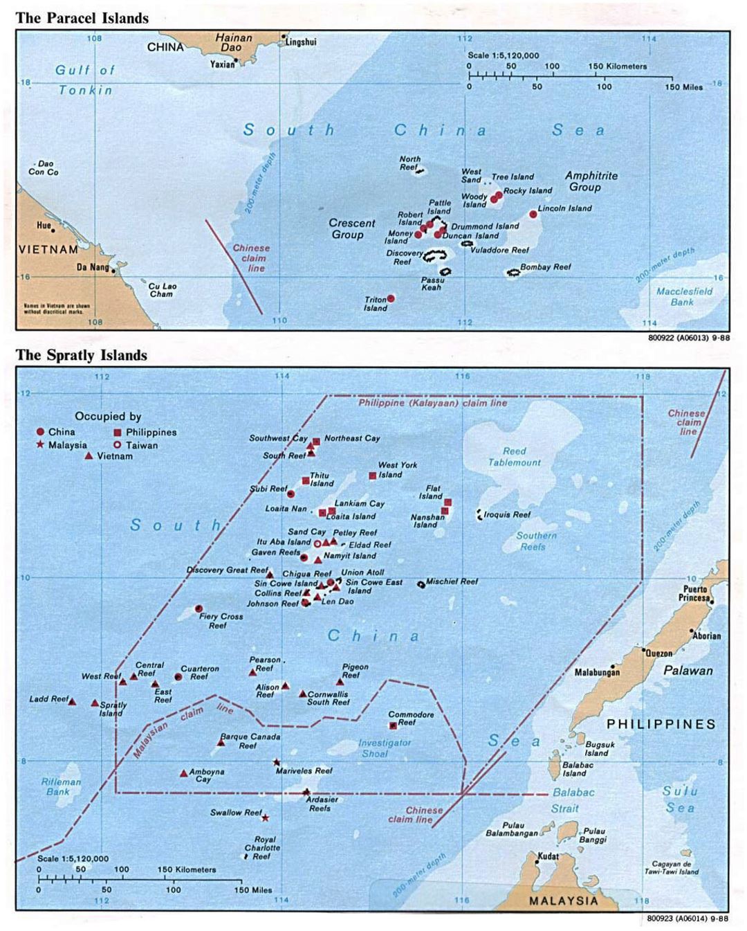 Детальна политическая карта Парасельских островов и островов Спратли - 1988