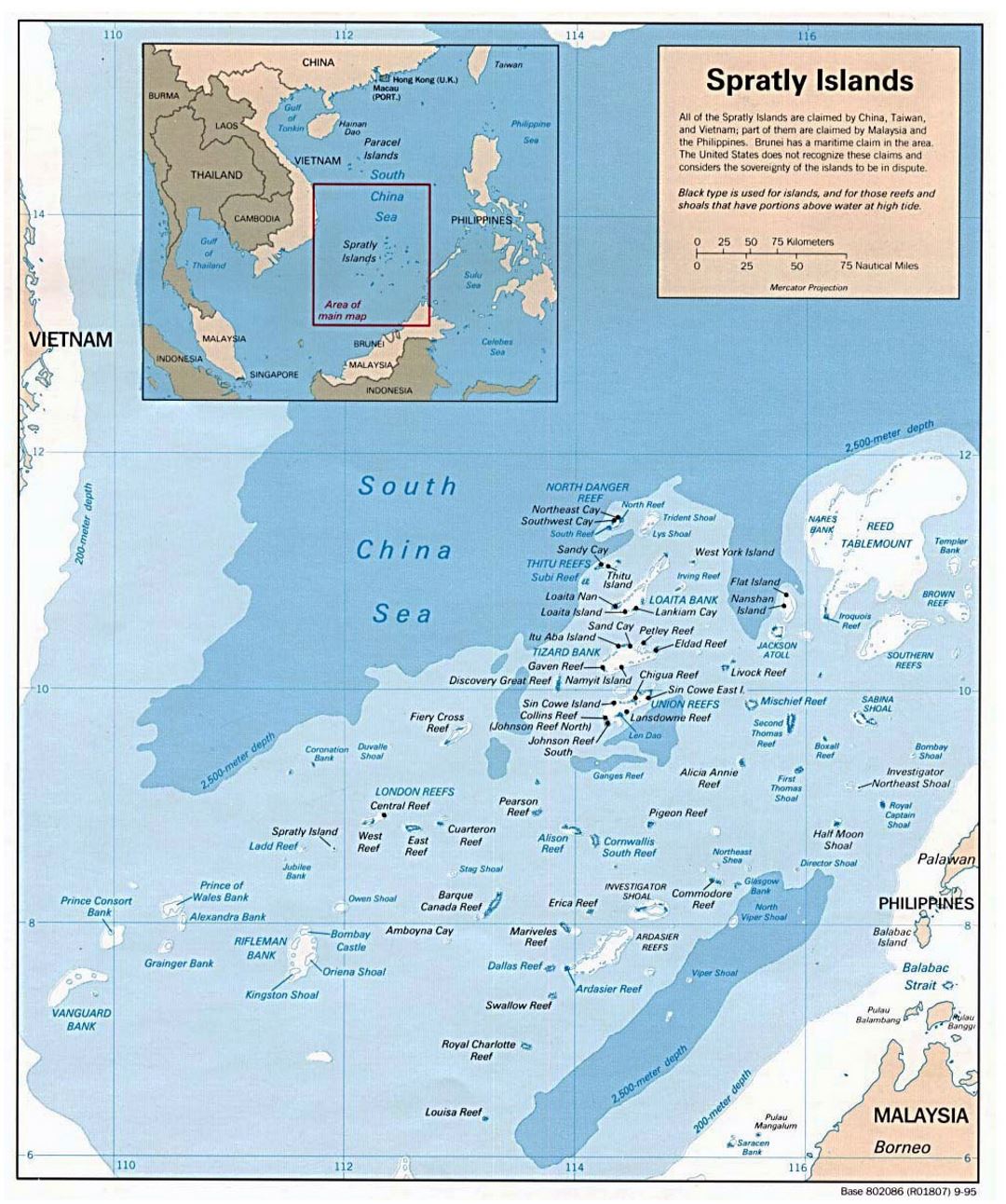 Детальная политическая карта островов Спратли - 1995