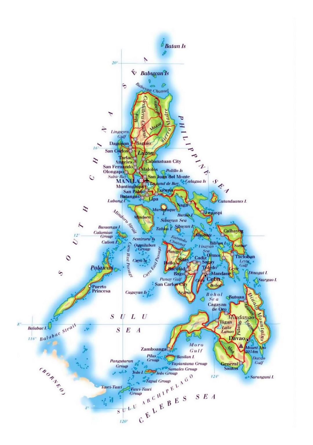 Детальная карта высот Филиппин с дорогами, железными дорогами, крупными городами и аэропортами