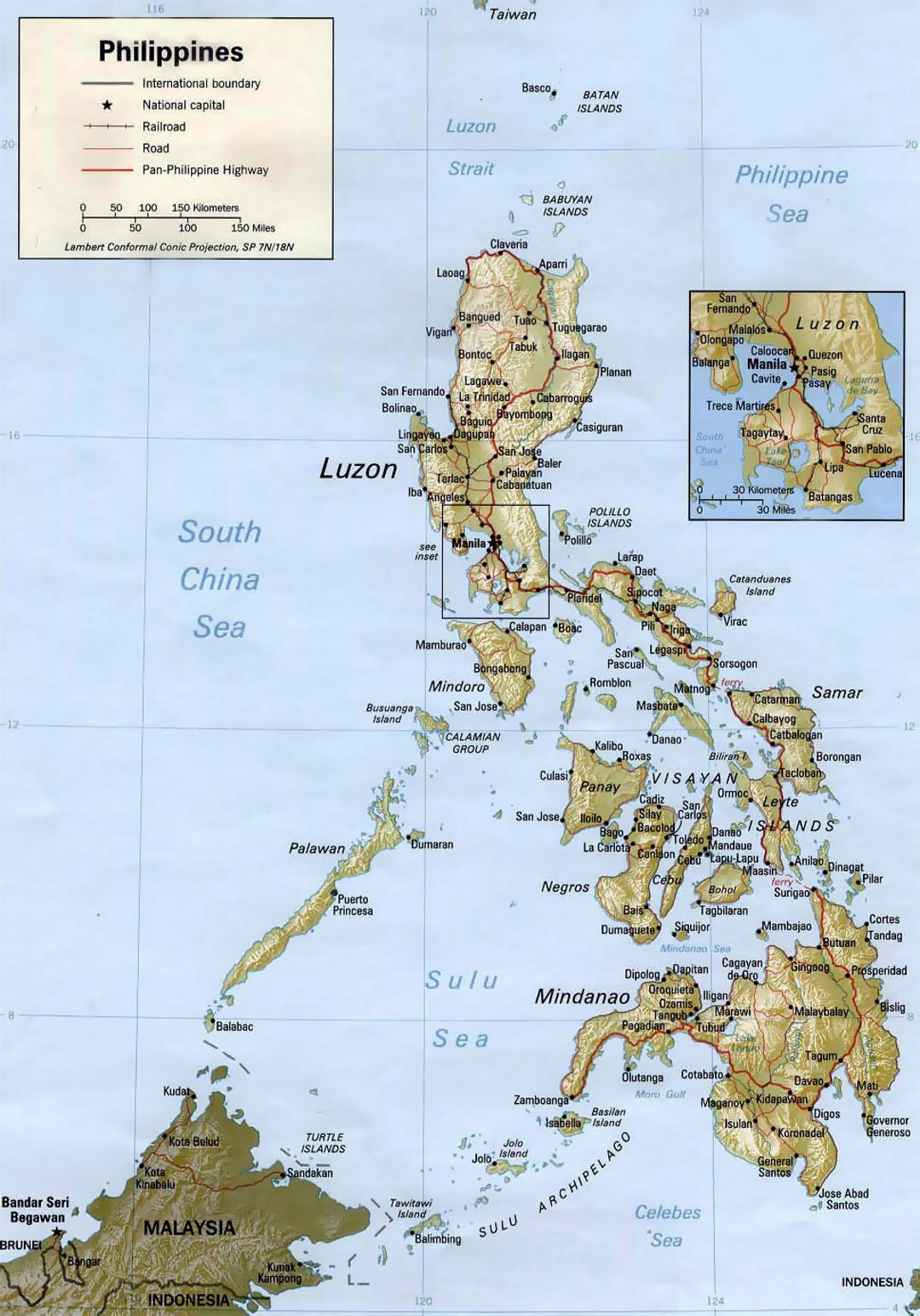 Детальная политическая карта Филиппин с рельефом и другими пометками