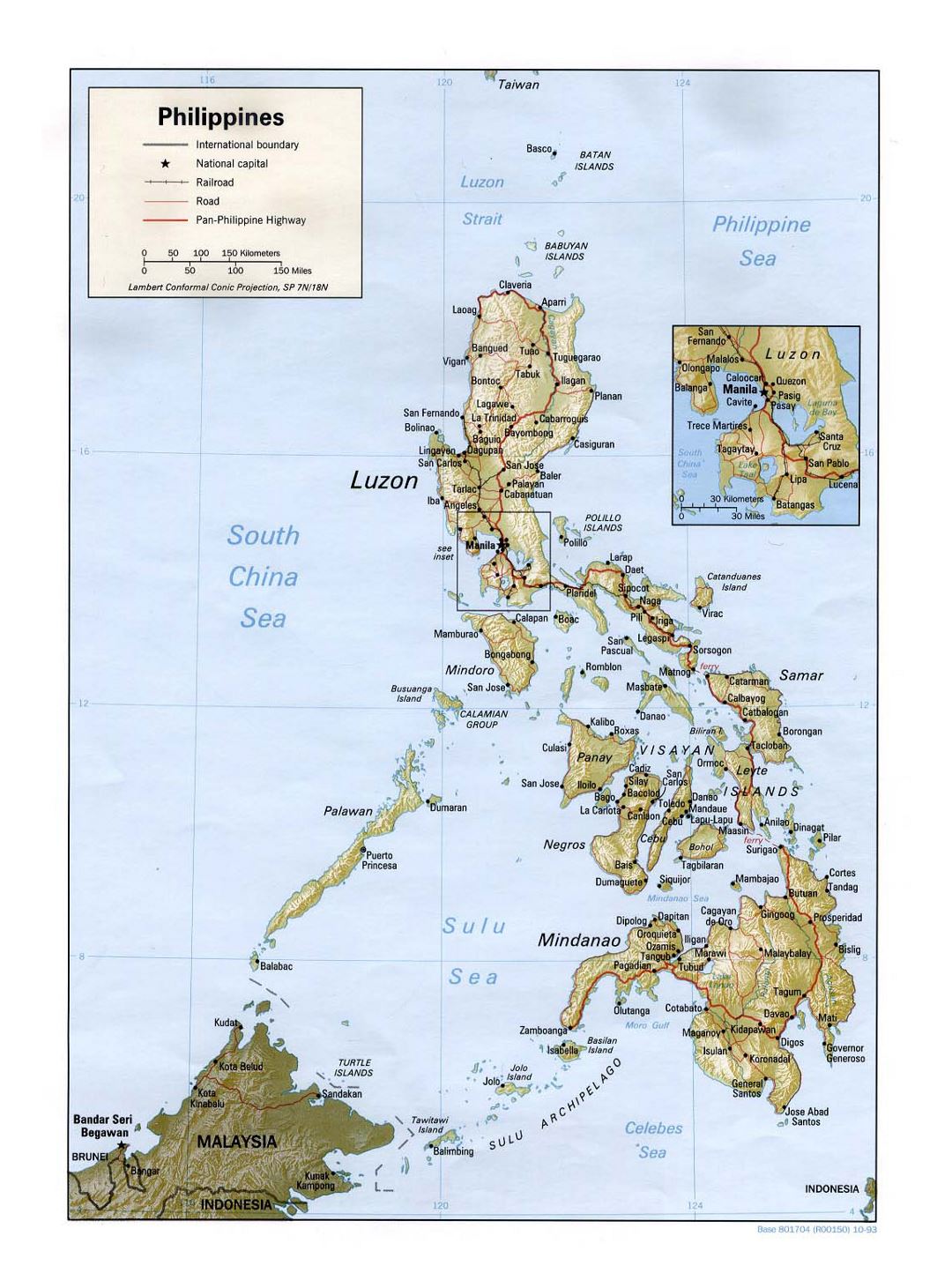 Детальная политическая карта Филиппин с рельефом, дорогами, железными дорогами и крупными городами - 1993