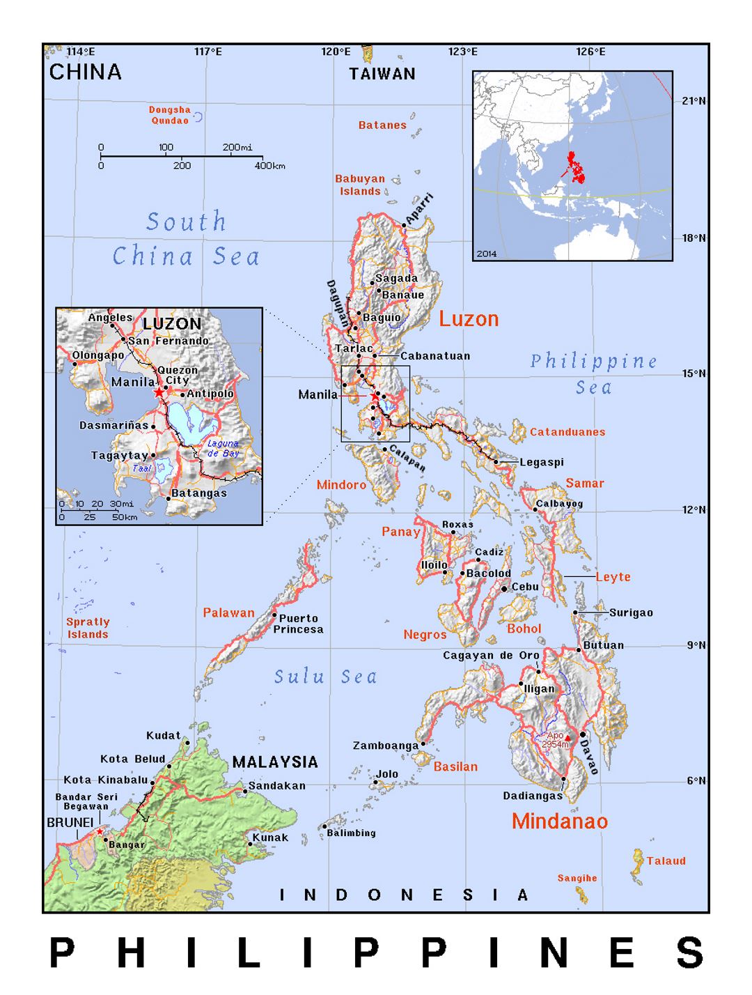 Детальная политическая карта Филиппин с рельефом