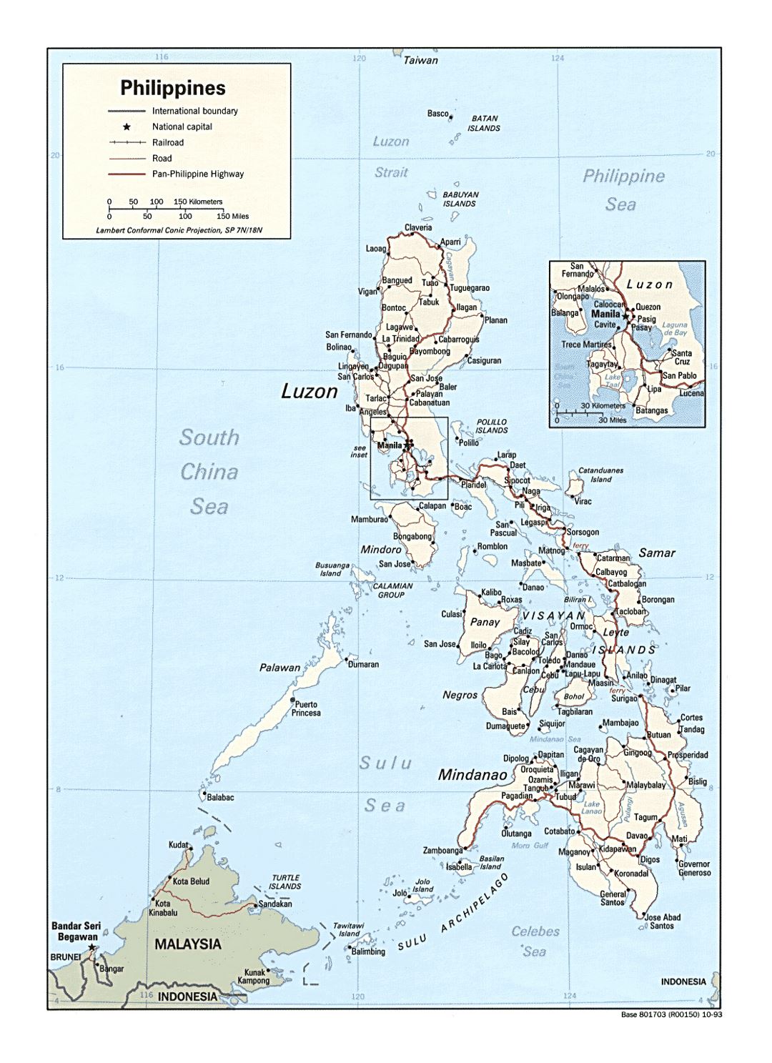 Детальная политическая карта Филиппин с дорогами, железными дорогами и крупными городами - 1993